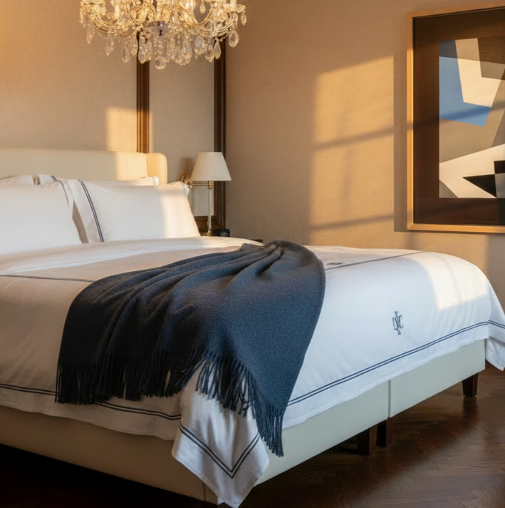Merino Wool Throw - Ocean luxury bedroom with chandelier and artwork