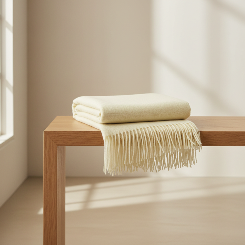 Classic Merino Wool Throw - Magnolia folded on display table