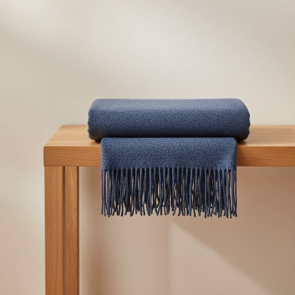 Merino Wool Throw - Ocean folded on display table