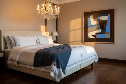 Merino Wool Throw - Ocean luxury bedroom with chandelier and artwork