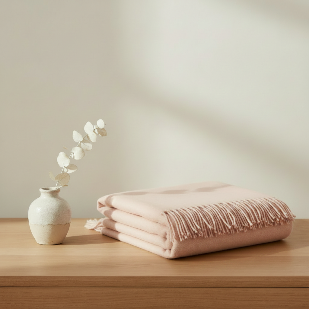 Merino Wool Throw - Rose rotated 180 degrees fringe forward