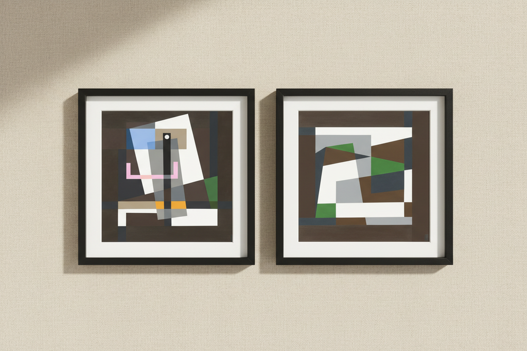 Twin black frame prints flat lay