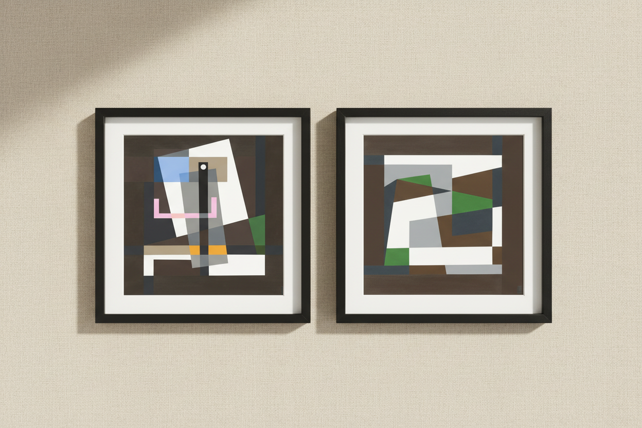Twin black frame prints flat lay